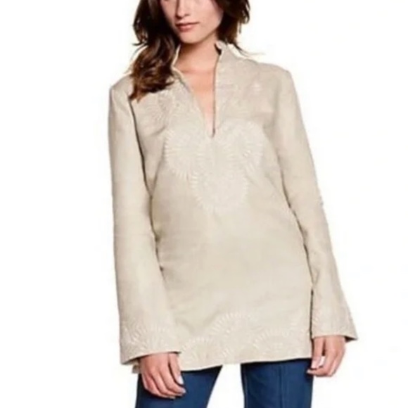 Tory Burch Tops - Tory Burch NWOT Linen Embroidered Long Sleeve Tunic Shirt Size 0